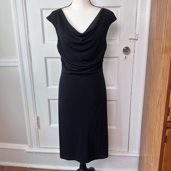 Byer Too! Y2K Classic Black Dress Cowl Neck Split Shoulder Seam Minimalist Sz M - Picture 3 of 17